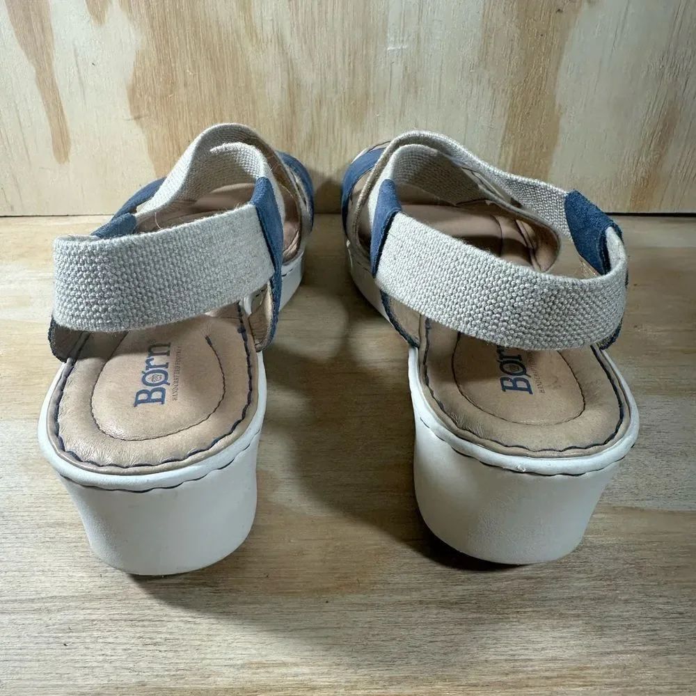 Born Kasady Blue Suede and Cream Elastic Strap Wedge Sandals Women’s Size 10 - Picture 5 of 9